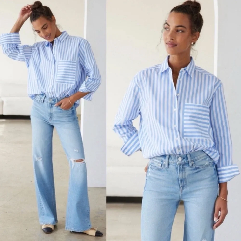 NWOT AYR The Deep End Button Down Shirt Large Blue/White Stripes - Picture 15 of 16